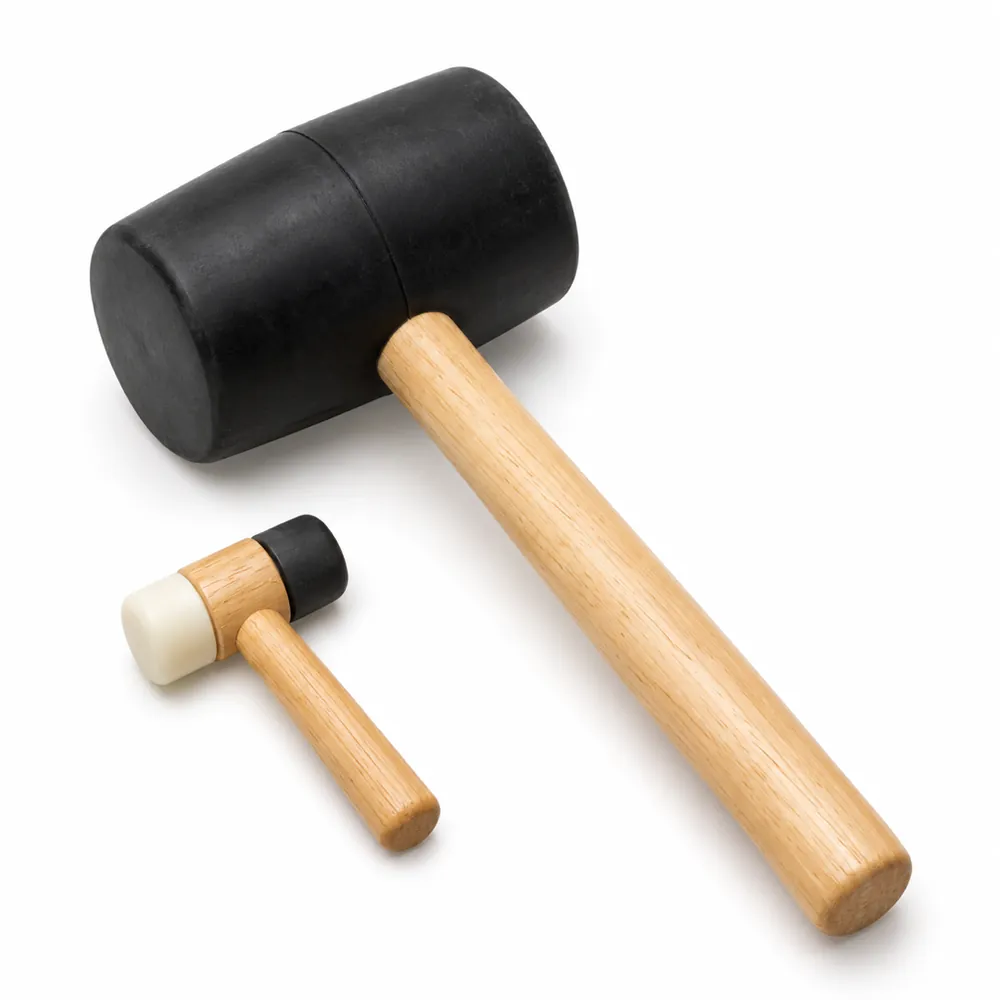Black rubber mallet with a wooden handle next to a small double-faced mini mallet, on a white background