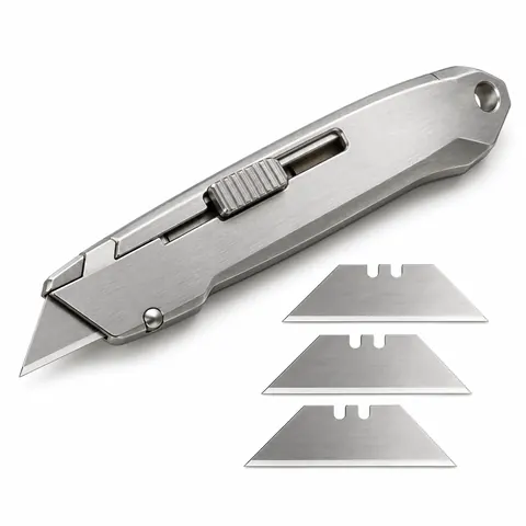 Metal retractable utility knife with the blade slightly out and three spare blades beside it, on a white background