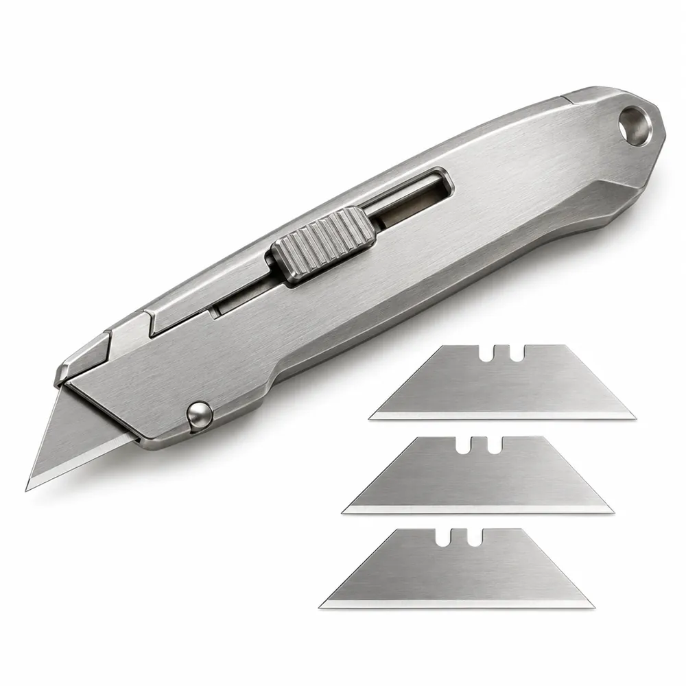 Metal retractable utility knife with the blade slightly out and three spare blades beside it, on a white background