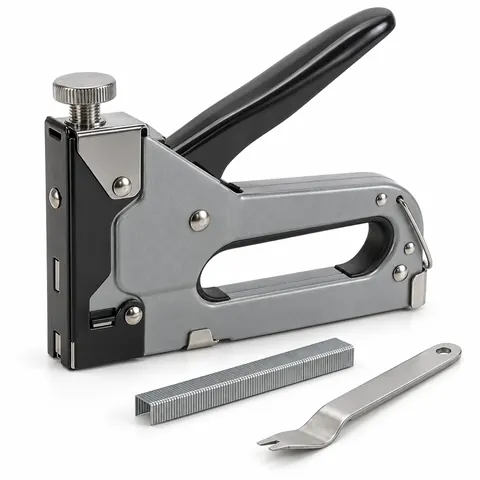 Grey and black manual staple gun with a strip of staples and a flat staple remover beside it, on a white background