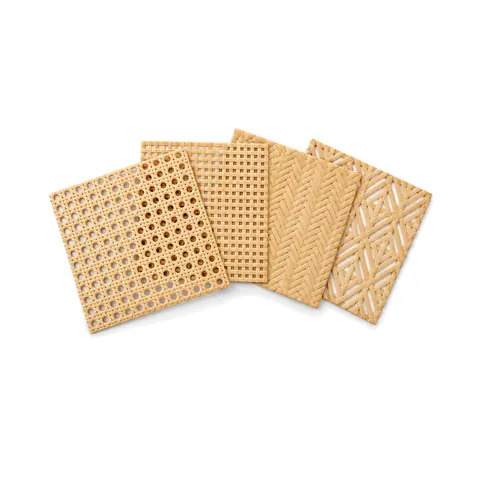 Four 12 x 12 in pieces of natural cane webbing fanned out: open, square, herringbone and diamond weave, on a white background