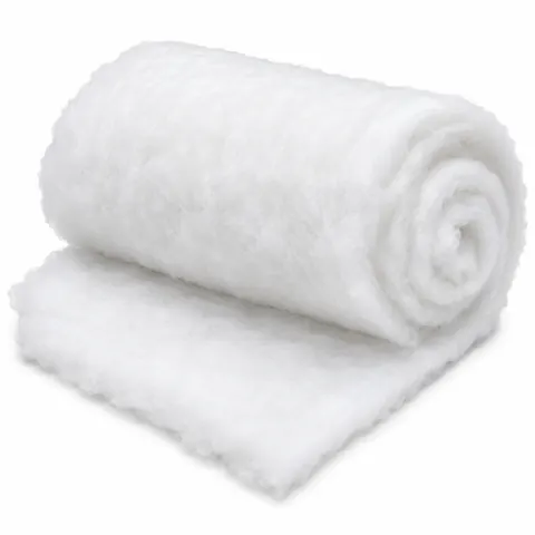 Loosely rolled sheet of fluffy white polyester batting with the end partly unrolled, on a white background