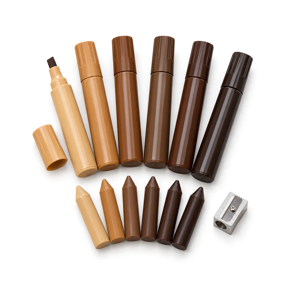 Touch-up markers from light to dark brown with matching wax sticks and a small sharpener, on a white background