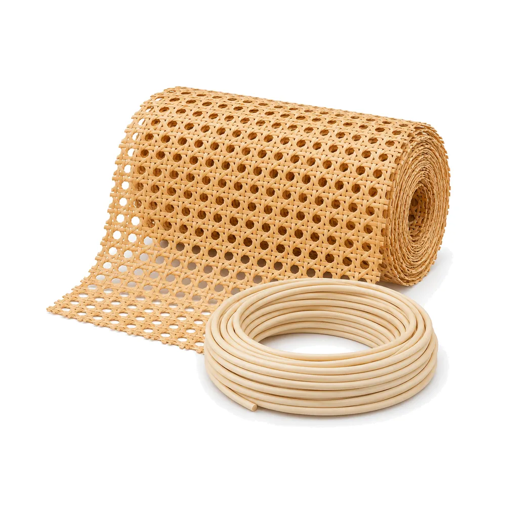 Roll of open weave cane webbing with a coil of reed spline resting in front of it, on a white background