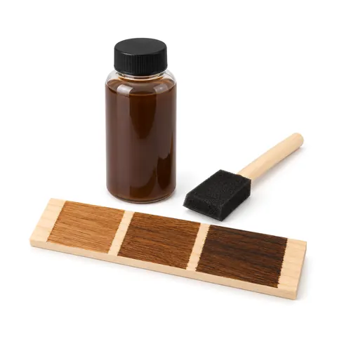 Bottle of walnut-colored wood stain, a small foam brush and a wood strip with three swatches, on a white background